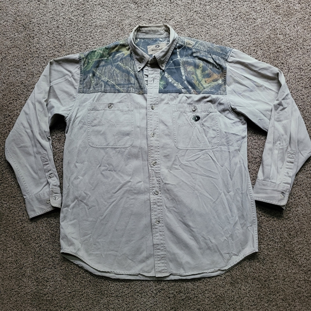 Mossy Oak Mens Button Down Shirt Camo L Beige Hunting Fishing Outdoors Sportsman